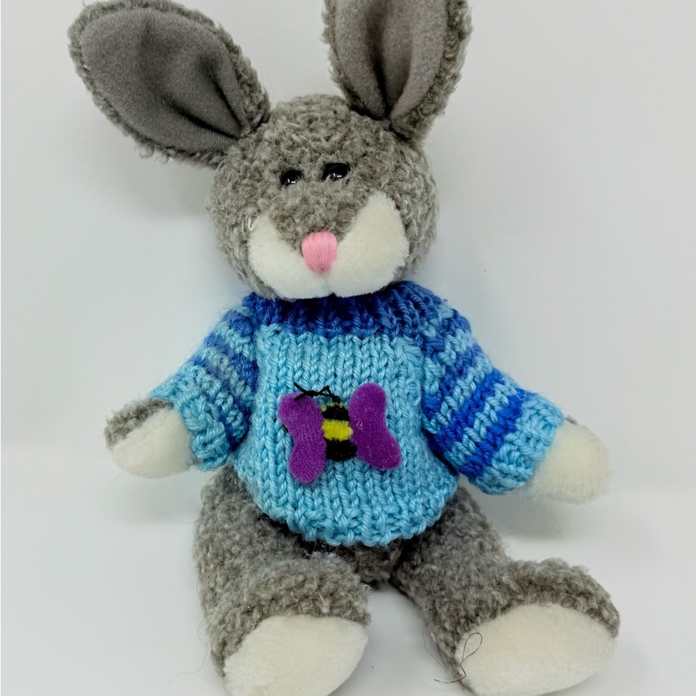 Vintage 1999 Gray Plush Bunny with Blue Sweater